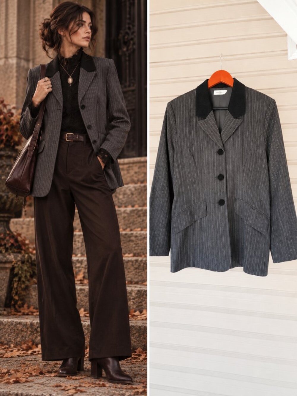 Le Chateau Black Pinstripe Vintage Blazer Tailored Tie Back Dark Academia L